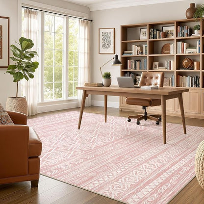 Nakagishi Area Rug Living Room Rugs: 6x9 Large Soft Machine Washable Boho Moroccan FarmNeutral Stain Resistant Indoor Floor Carpet for Bedroom Under Dining Table Home Office Decor-Pink