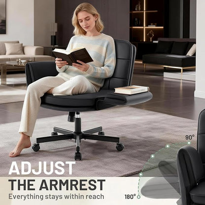 Criss Cross Chair with Wheels & Armrests - PU Leather Comfy Wide Seat Cross Legged Desk Office Chair - Comfortable Swivel Rolling Tilting Vanity Chair with Back for Home Office Makeup Bedroom