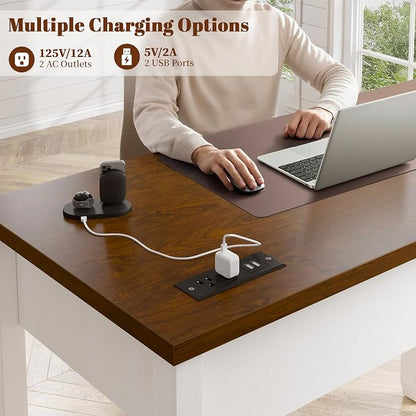 EnHomee Computer Small Desk with Power Outlets, White Desk with 2 Drawers, Small Study Writing Table with Stable Frame for Home Office, Modern Simple Vanity Desks for Bedroom