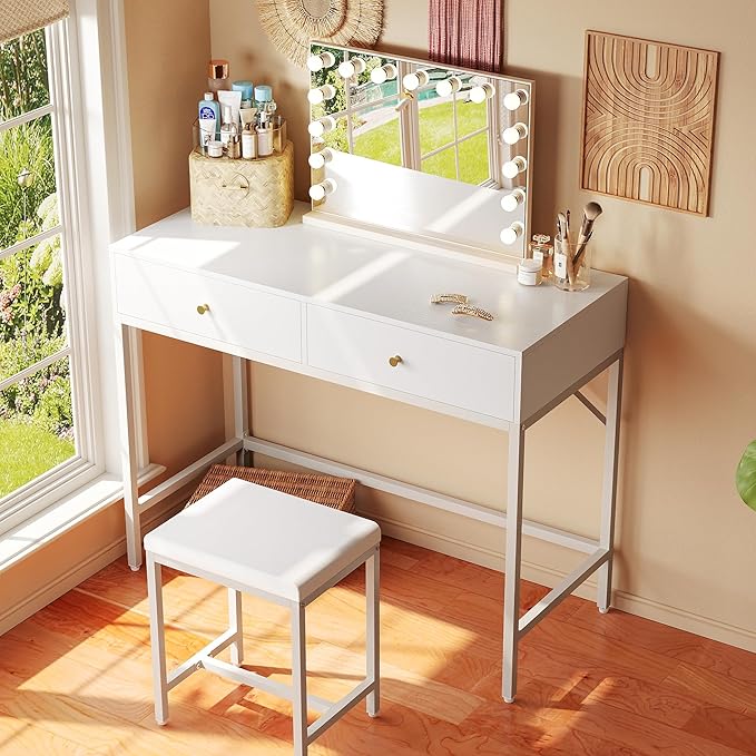 SUPERJARE 31.5" White Desk with 2 Drawers, Modern Makeup Vanity with Padded Stool, Small Computer Desk Home Office Desk for Writing Study Bedroom