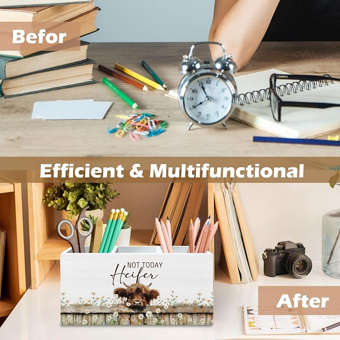 DILSJ Highland Cow Decor Pen Pencil Holder Organizer for Desk, Highland Cow Gifts for Women, Not Today Heifer Wooden Box Signs for Home Office Desk Tabletop Decoration