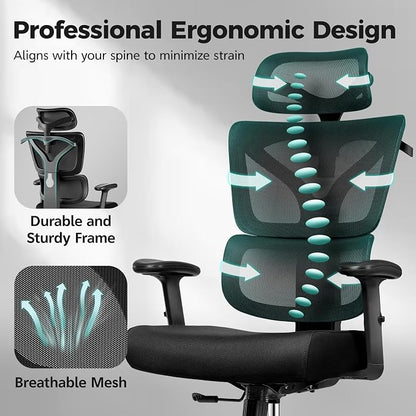 Ergonomic Office Chair High Back Desk Chair with Lumbar Support, Breathable Mesh Computer Chair with Adjustable Armrests Height, Reclining Swivel Big and Tall Gaming Chair for Home Office(Black)