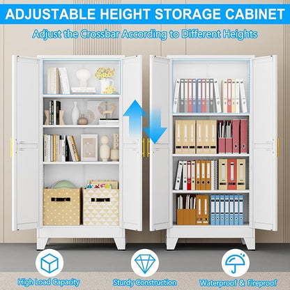 pozdeg 61" Tall Metal Storage Cabinet with 2 Doors & 3 Adjustable Shelves, Steel File Cabinet Multipurpose Organizer for Home Office Garage (White)