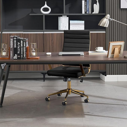 Okeysen Gold Office Desk Chair, Ergonomic Leather Modern Conference Room Chairs, Executive Ribbed Height Adjustable Swivel Rolling Golden Chair for Home Office.
