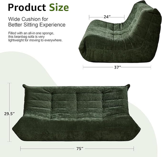 Hobestluk Giant Bean Bag Chair Faux Fur BeanBag Couch for Living Room | Green Chenille, 3-Seater,Ergonomic Design,Memory Foam,Anti-slip Bottom,No Assembly Required,Decorative Style for Living Room
