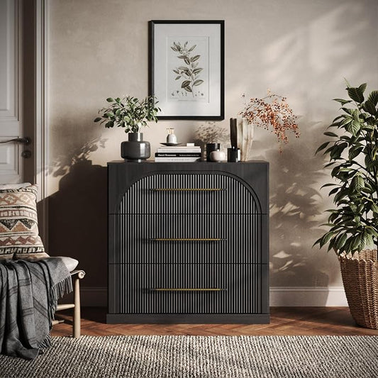 BELLEZE 32.5" Kitchen Storage Cabinet with 3 Drawers,Freestanding Accent Cabinet with Fluted Arched Design & Gold Handles,Modern Credenza for Living Room,Dining Room,Entryway - Ebony