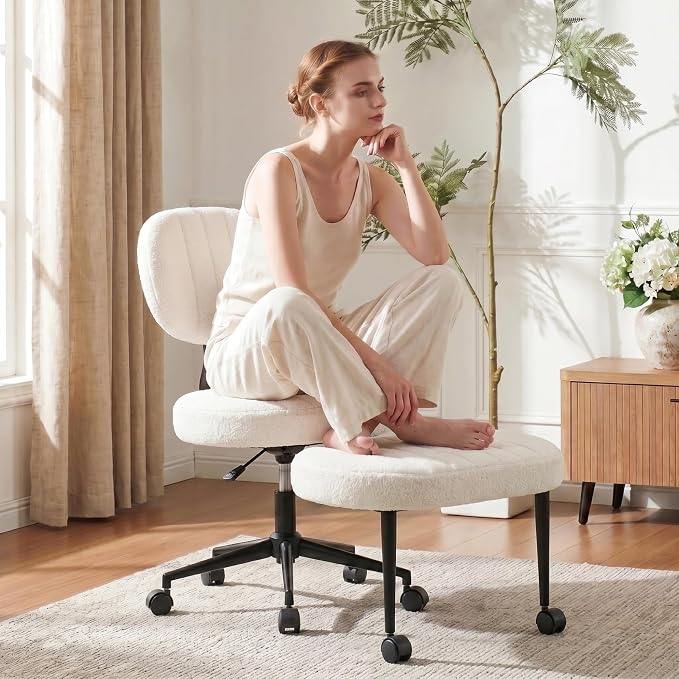 Cross Legged Office Chair with Wheels, 360 Swivel Height-Adjustable Meditation Chair with Lumbar Support, White