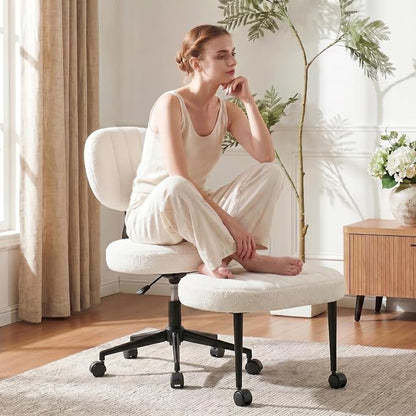 Cross Legged Office Chair with Wheels, 360 Swivel Height-Adjustable Meditation Chair with Lumbar Support, White