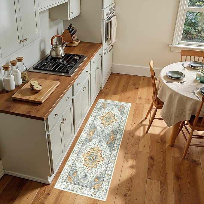 RELEANY Area Rugs Runner 2'x5' Washable Non-Slip, Floral Vintage Distress Medallion Carpet for Kitchen Hallway Bedroom Beside Laundry Room Bathroom, Beige Carbon Grey Orange