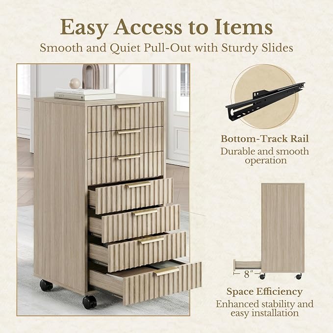 7 Drawer File Cabinet with Wheels for Home Office, Light Walnut | Fluted 7 Drawer Chest, Wood File Cabinet with Lockable Wheels, Anti-Tip Design