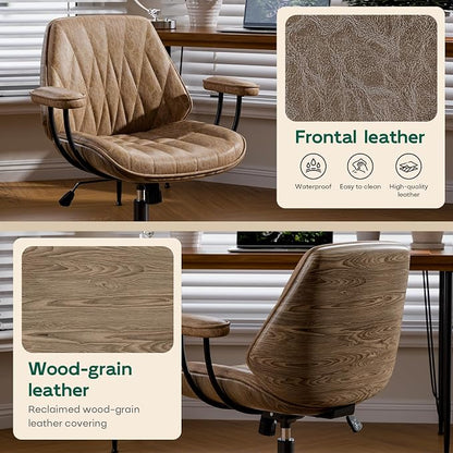Office Desk Chair with Rubber Casters and Padded Arms, Premium Camel Brown Faux Leather Computer Chair, Height Adjustable Vintage Rolling Swivel Executive Task Chair for Home Office