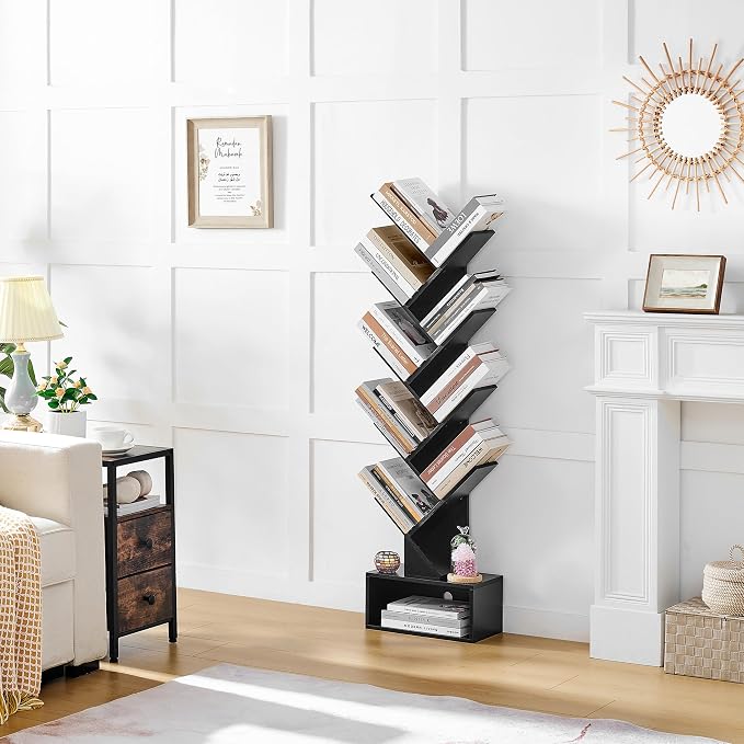 Hoctieon 9 Tier Tree Bookshelf, Tall Bookcase with Drawer, Wood Book Shelf, Modern Floor Standing Bookshelves, Book Organizer Shelves for Bedroom, Living Room, Home Office, Black