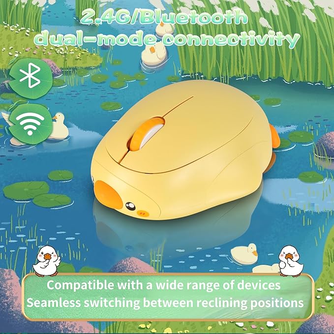 Cute Duck Bluetooth Wireless Mouse -Rechargeable,Dual Mode Connection, Silent Scroll Wheel, 1600 DPI - Perfect for Laptops, PCs, and Tablets (Yellow)