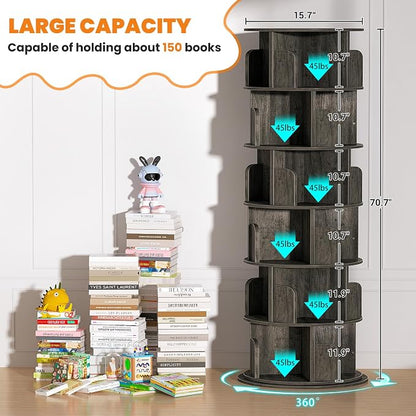 Besiost Rotating Bookshelf Tower, 6 Tier Spinning Bookcase, Revolving 360 Book Shelf Narrow Tall Bookcase, Vertical Turning Round Bookshelf Organizer, Wood Corner Bookshelf for Small Space, Black Oak
