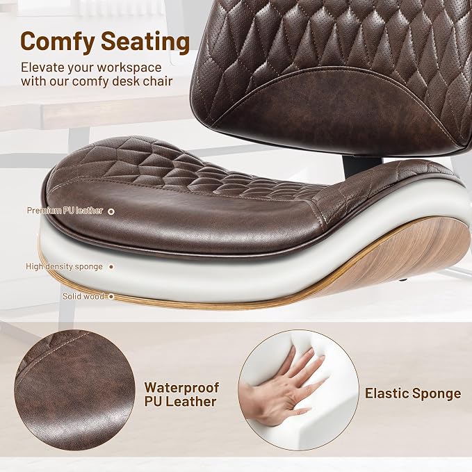 Walnut Bentwood Mid Back Armless Office Chair 1 Pack, Adjustable Height PU Leather Swivel Desk Chair with Wheels, Rolling Computer Task Chair for Home Office, Study, Meeting Room