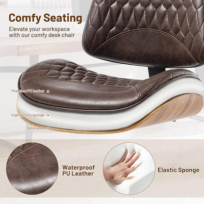 Walnut Bentwood Mid Back Armless Office Chair 1 Pack, Adjustable Height PU Leather Swivel Desk Chair with Wheels, Rolling Computer Task Chair for Home Office, Study, Meeting Room