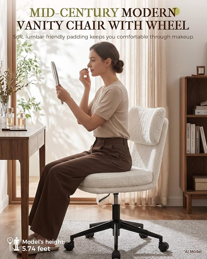 COMHOMA Vanity Chair with Ergonomic Curved Backrest, Home Office Desk Chair with Silent Wheel, Wide Seating Computer Chair for Girls Women Bedroom, Soft Teddy Fabric, White