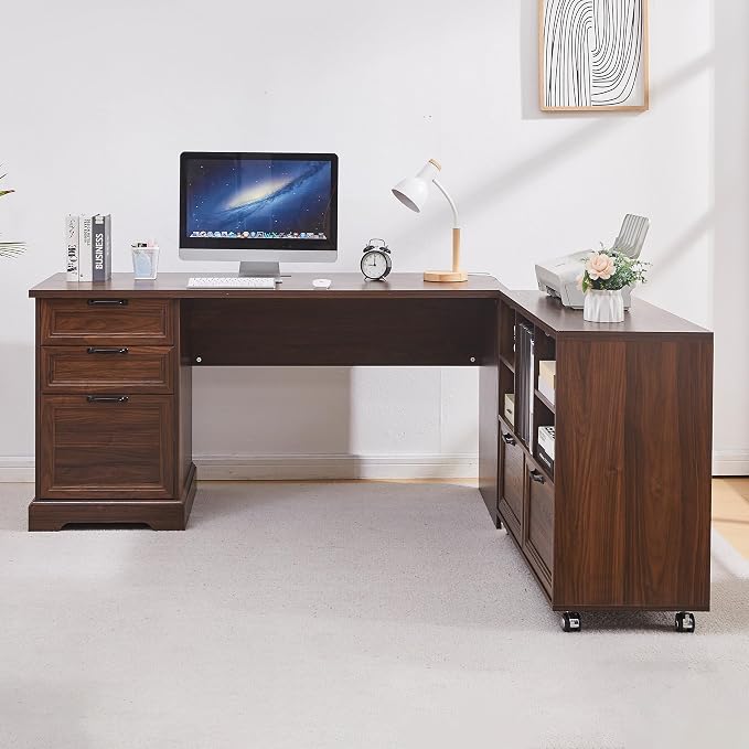 60" Farmhouse Executive Desk and 40" Mobile File Cabinet Combination,L Shaped Executive Desk with Charging Station,Home Office Desk for Office Work,Home Study (Walnut)