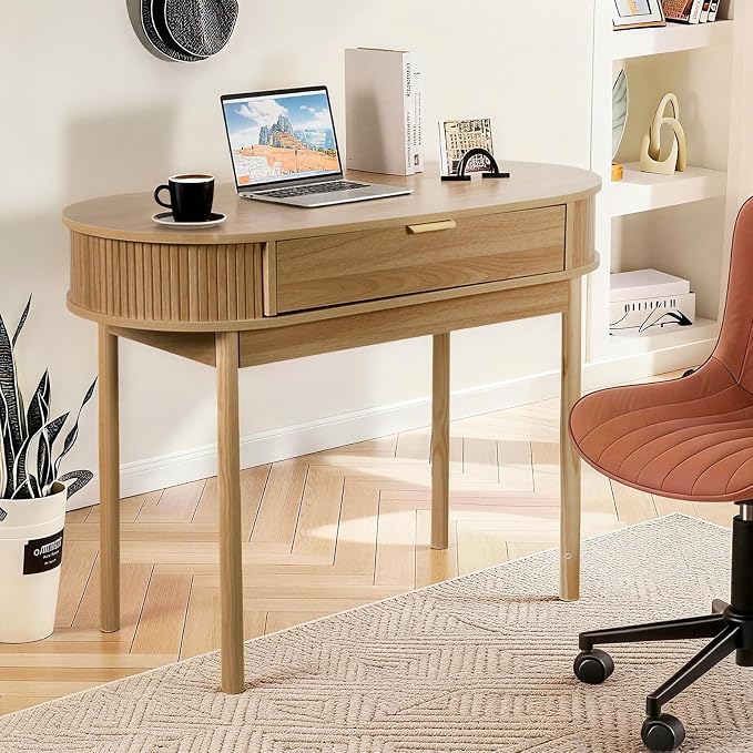 Fluted Small Computer Desk with Drawer, 40 Inch Mid-Century Modern Writing Desk with Solid Wood Legs,Compact Study Table for Small Spaces, Home Office, Bedroom,Walnut