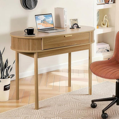 Fluted Small Computer Desk with Drawer, 40 Inch Mid-Century Modern Writing Desk with Solid Wood Legs,Compact Study Table for Small Spaces, Home Office, Bedroom,Walnut