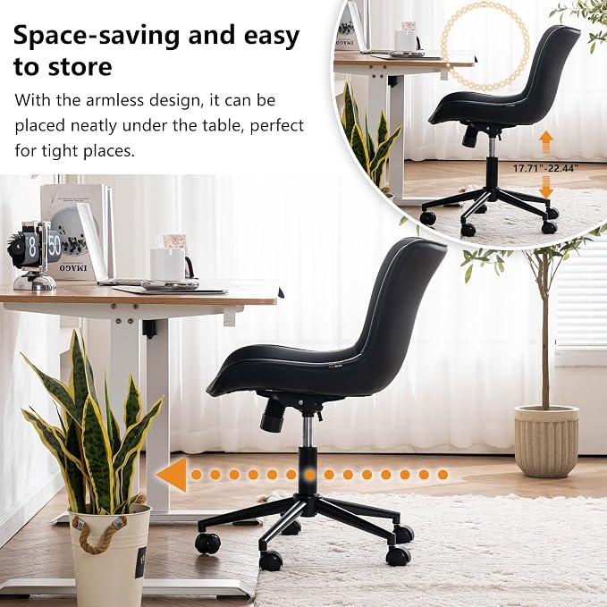 YOUNIKE Black Office Desk Chair with Wheels Comfy Armless Small Vanity Chair with Adjustable Rocking Back Modern Leather Upholstered Rolling Task Computer Chair Cute Swivel Drafting Chair Compact