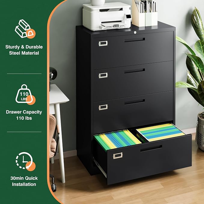 Letaya File Cabinets,4 Drawer Metal Lateral Filing Organization Storage Cabinets with Lock,Home Office for Hanging Files Letter/Legal/F4/A4 Size (Require Assembly)