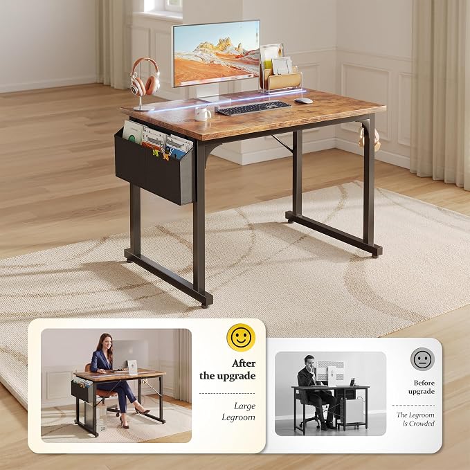 DurayLoly 32" Computer Desk with Waterproof LED Lights,Bedroom Study Desk for Teens,Dorm Room Essentials,Headphone Hook&Storage Bag for Small Spaces,Sturdy Metal Frame,Rustic Brown