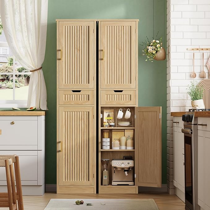 Iwell Tall Narrow Storage Cabinet with 1 Drawer and 2 Doors, Fluted Cabinet with Adjustable Shelves, Rattan Kitchen Cabinet for Bathroom, Living Room, Kitchen, Natural Oak