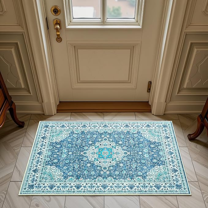 Goideal Washable Rug 2x3, Vintage Area Rugs Non Slip, Indoor Low Pile Carpet with Rubber Backing for Kitchen Bathroom Entryway Office Bedroom,Blue & Teal