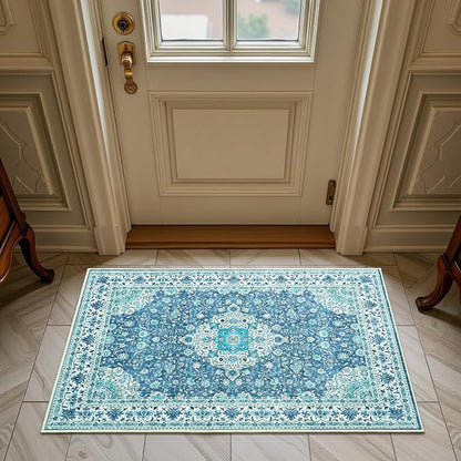 Goideal Washable Rug 2x3, Vintage Area Rugs Non Slip, Indoor Low Pile Carpet with Rubber Backing for Kitchen Bathroom Entryway Office Bedroom,Blue & Teal