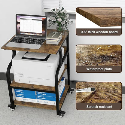 Natwind Large 3-Tier Rolling Printer Cart with Adjustable Shelf, 24”x20” Mobile Stand for Heat Press, 3D Printer, Home Office Multifunctional Shelves with Locking Wheels (Retro)