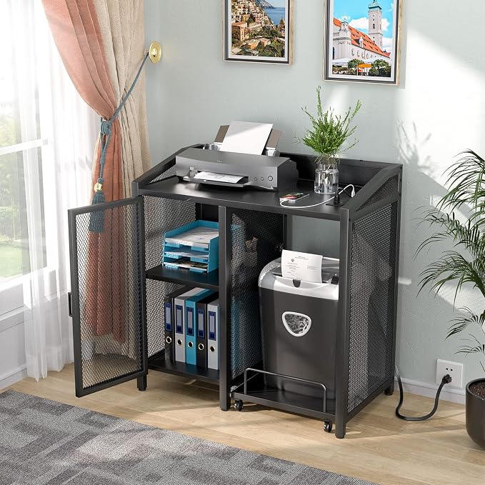 Unikito File Cabinet with Paper Shredder Stand On Wheel, Modern Vertical Filing Cabinet with Socket and USB Charging Port, Large Printer Stand with Adjustable Storage Shelf Rack for Home Office, Black