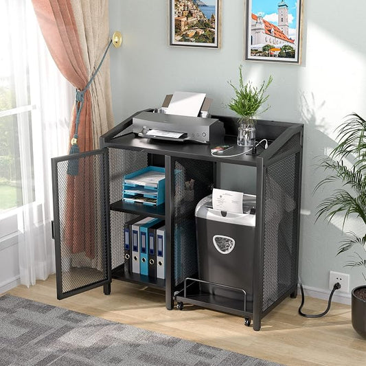 Unikito File Cabinet with Paper Shredder Stand On Wheel, Modern Vertical Filing Cabinet with Socket and USB Charging Port, Large Printer Stand with Adjustable Storage Shelf Rack for Home Office, Black