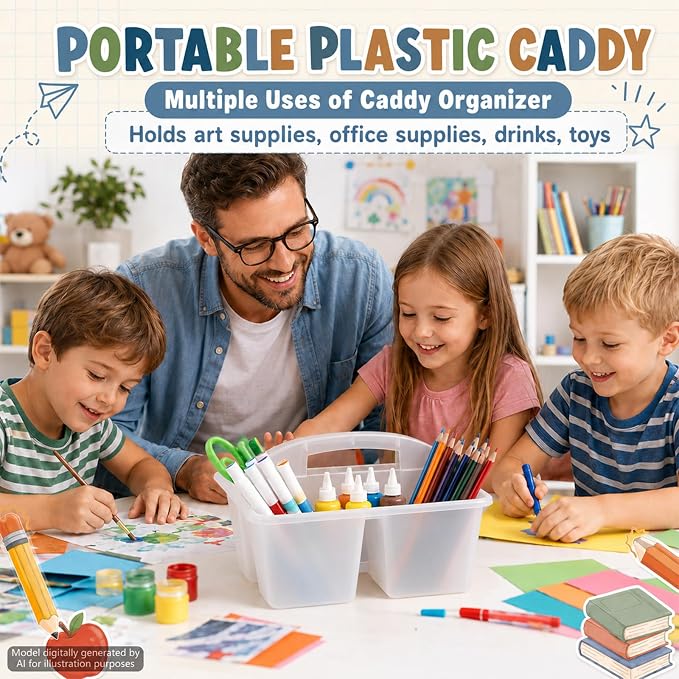 6 Pack 3 Compartment Small Caddy Plastic Classroom Organizer with Handle Portable Teacher Supply Storage Caddy Craft Art Caddies for Pencil, Crayon, Marker, Home, Office, School Supplies(Clear)
