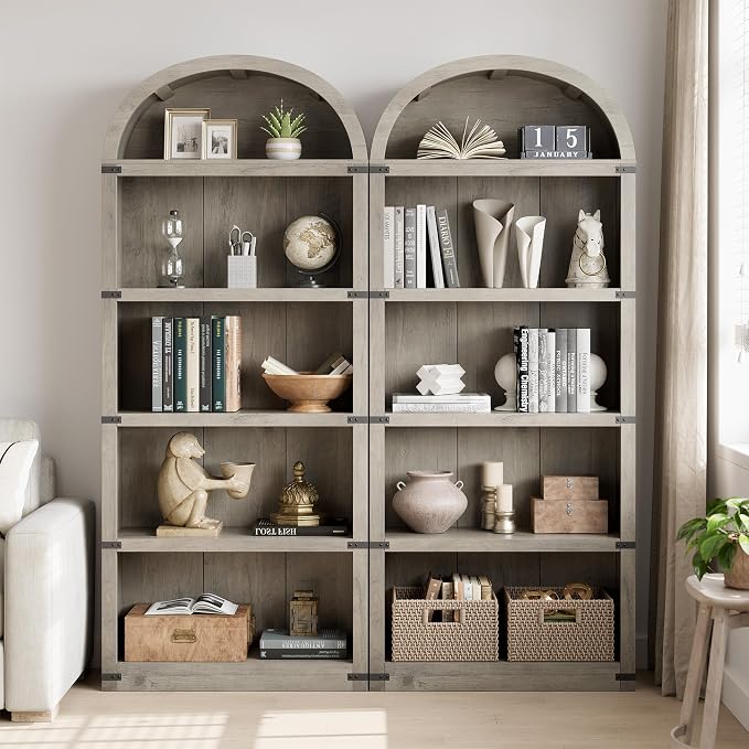 GarveeHome Bookcase 5 Shelf Arched Bookshelf 71.65 in Tall Bookcase Farmhouse Display Storage Rack Wooden Bookshelves for Home Office, Living Room (Rustic Gray)