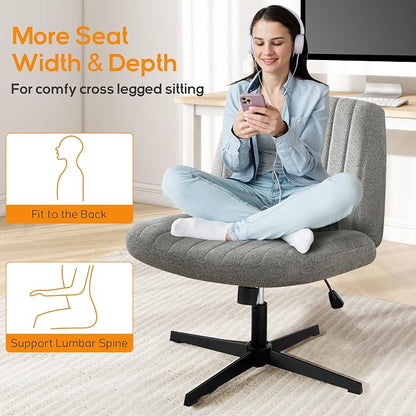 DUMOS Criss Cross Chair No Wheels Legged Office Wide Comfy Desk Vanity Chair, Armless Computer Task Seating, Swivel Home Height Adjustable for Bedroom, Study, Grey Fabric