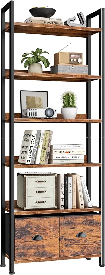 Furologee 6-Tier Bookshelf, Tall 71" Rustic Bookcase with 2 Drawers Storage Organizer, Industrial Display Free Standing Shelf Units, Wood and Metal Storage Rack for Home Office, Bedroom, Rustic Brown | Bookcase