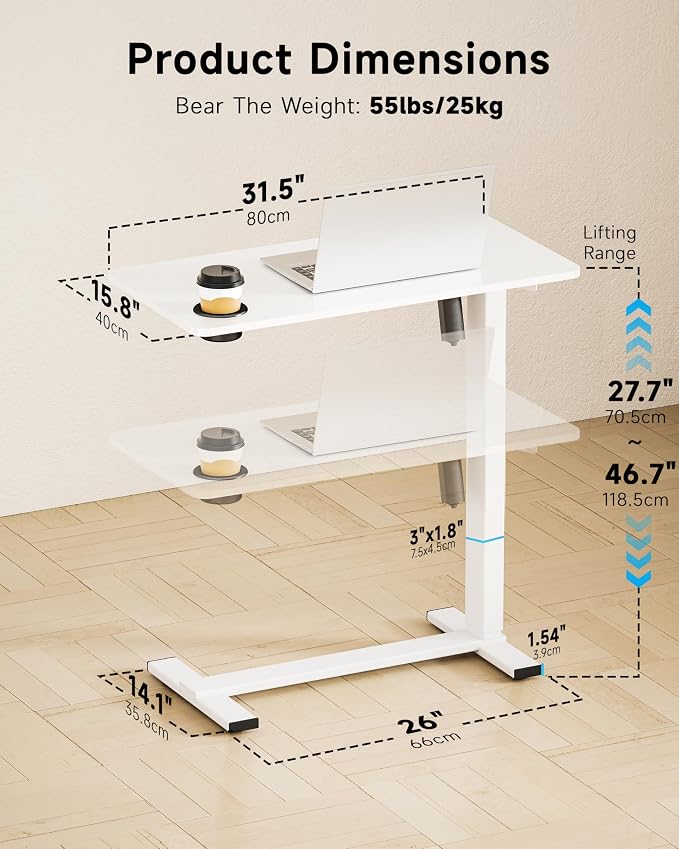BIZUM Small Electric Standing Desk Bedside Table with Hidden Wheels 31.5 x 15.8 Inch Adjustable Computer Laptop Office Desk, White