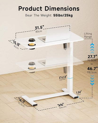 BIZUM Small Electric Standing Desk Bedside Table with Hidden Wheels 31.5 x 15.8 Inch Adjustable Computer Laptop Office Desk, White