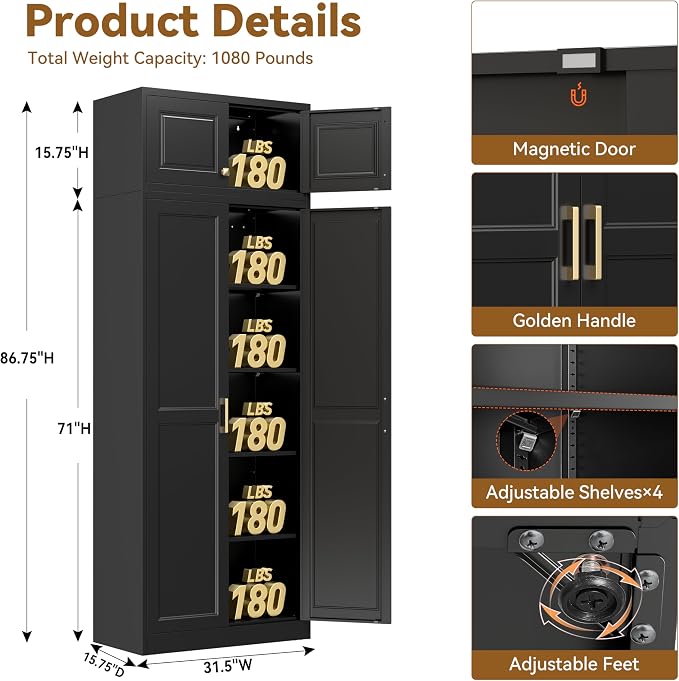 Polup Kitchen Pantry Cabinet, 86 Inch Tall Metal Storage Cabinet, Large Pantry cabinets with Doors and Shelves, Black Storage Cabinets for Garage, Living, Dining, Office, Bathroom, Assembly Required