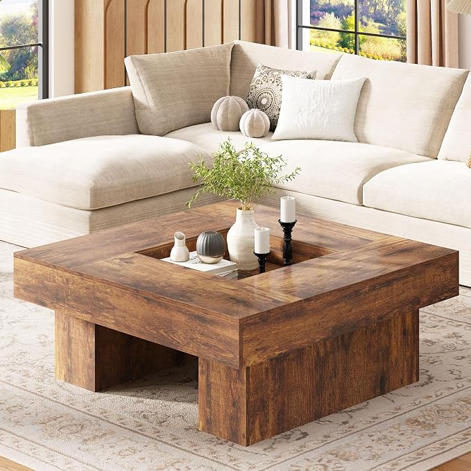 LVB Rustic Coffee Table, Large Wood Living Room Table with Storage, Modern Low Wide Square Led Center Table, Farmhouse Unique Tea Table with LED Light for bedroom Home Office, 39.37 Inch, Rustic Brown