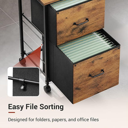 DEVAISE 2 Drawer Mobile File Cabinet, Rolling Printer Stand, Fabric Vertical Filing Cabinet fits A4 or Letter Size for Home Office, Rustic Brown Wood Grain Print