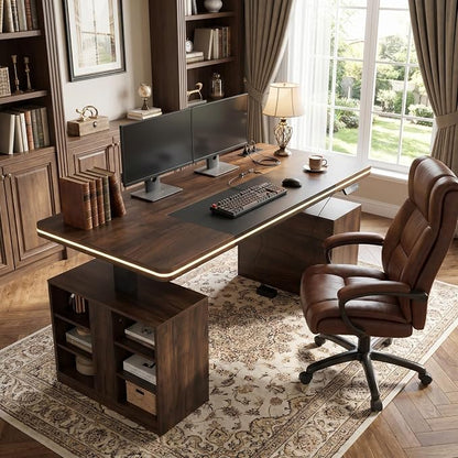MOUMON 63" Executive Standing Desk with Storage Pedestals and LED Lights, Electric Height Adjustable Desk with Shelves and Built-in Outlets, Walnut and Black 63" W x 27.6" D x 29.4"-46.9" H