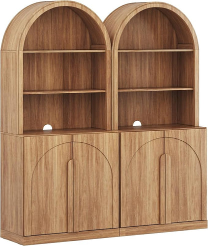 BELLEZE Set of 2 71"Tall Storage Cabinet with Arched Hutch, Wooden Sideboard Buffet Cabinet with Adjustable Shelves for Pantry Organizing, 5-Tier Modern Storage Unit for Living Room Home Office, Camel