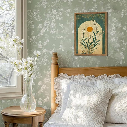 Framed Boho Wall Art, Lily of the Valley Emerald Green Sun Canvas, Mystical Country Botanical Wall Decor, Spiritual Flowers Poster Pictures Print for Bedroom Living Room – 12x16 inch