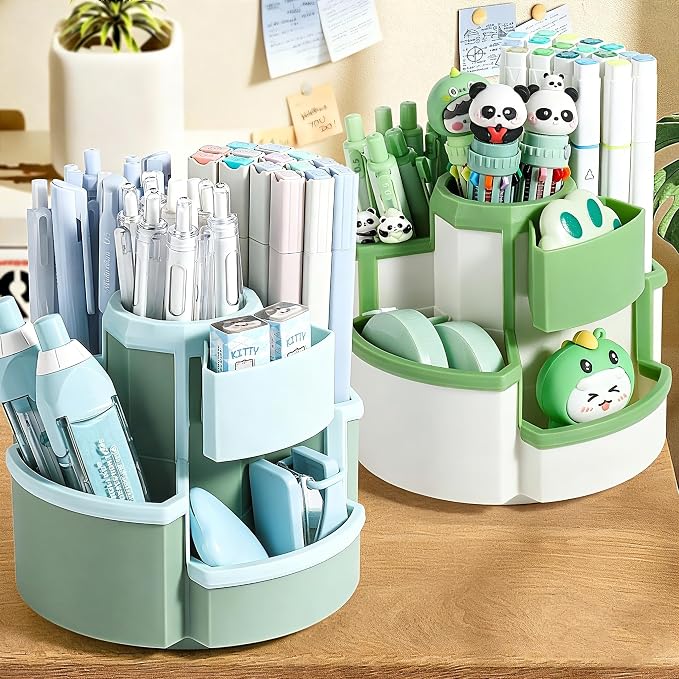 Pencil Holder for Desk Rotating Pen Organizers Green Small Desktop Organizer Desk Storage Caddy Ideal for Office, Home, School,Classroom (Blue & Green)