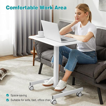 DUMOS Mobile Small Standing Desk, Portable Rolling Laptop Desk with 2 Lockable Wheels, Adjustable Height Computer Workstation for Home Office, 19 Inch White