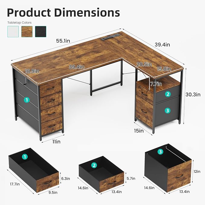 YOUDENOVA 55 Inch L Shaped Desk with Power Outlets & Type-C Port, Reversible Corner Computer Desk with 6 Drawers & File Cabinet, Large Workstation for Home Office, Gaming, Study, Rustic Brown