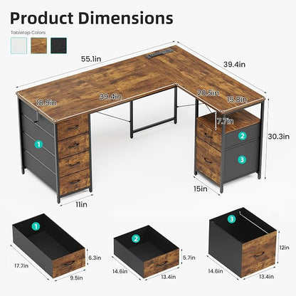 YOUDENOVA 55 Inch L Shaped Desk with Power Outlets & Type-C Port, Reversible Corner Computer Desk with 6 Drawers & File Cabinet, Large Workstation for Home Office, Gaming, Study, Rustic Brown