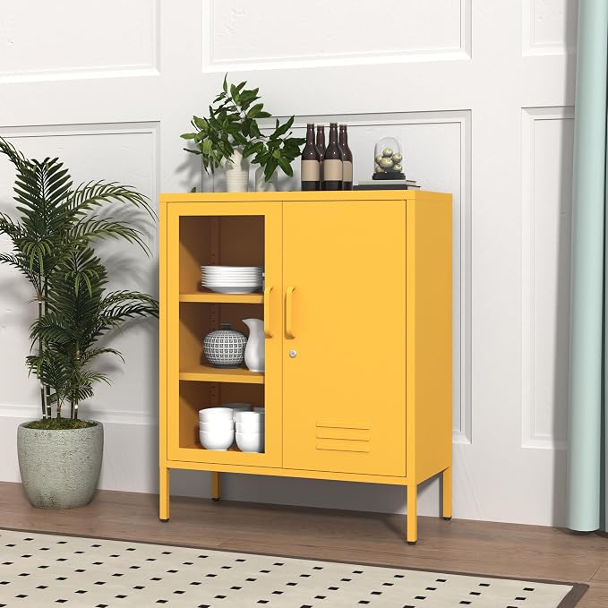 Yellow Food Storage Cabinet with Lock, 2-Door Steel Cabinet, 2 Adjustable Shelves, Metal Pantry Locker Freestanding Kitchen Storage Locker for Dining Room Living Room Size:33" H X 29.5" W X 13.8" D